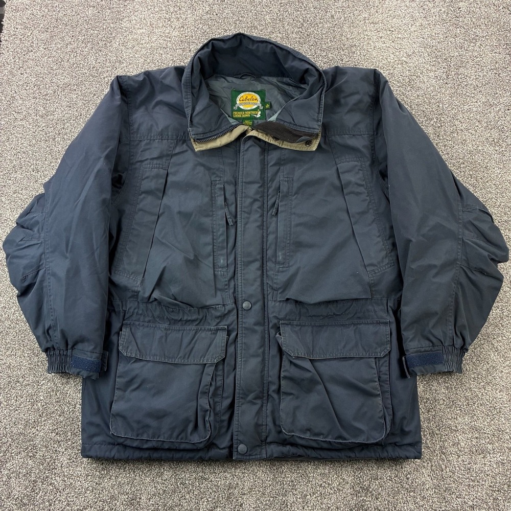 Vintage Cabela's Goose Down Jacket Mens XL Navy Blue Coat Parka Nylon Field Barn